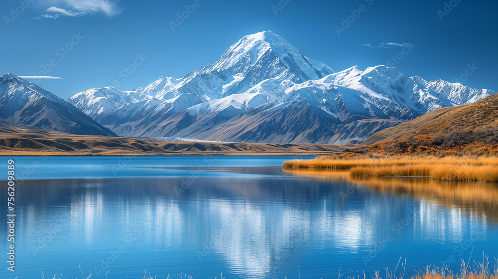 Snow capped mountains under a clear blue sky with a crystal lake in the foreground
