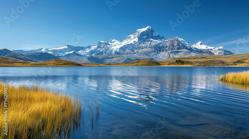 Snow capped mountains under a clear blue sky with a crystal lake in the foreground