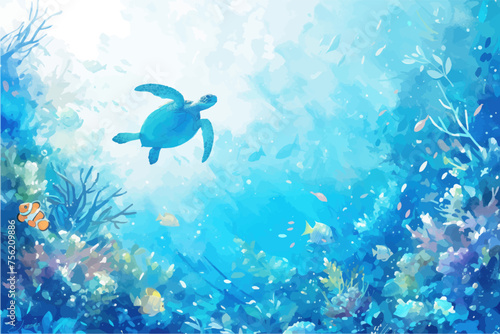 Underwater scene with coral reef, fish and seaweed. Vector watercolor illustration.