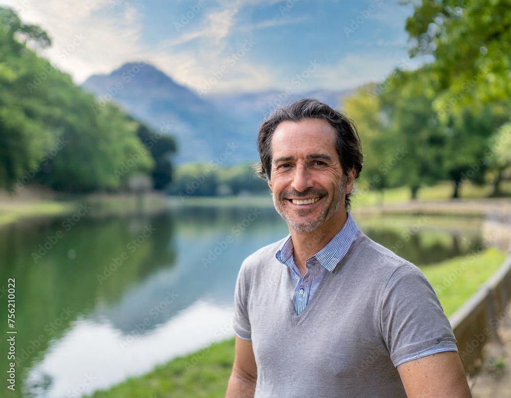 Man middle aged happy in beautiful natural lake smile on face confident male Man middle aged happy in beautiful natural lake smile on face confident male
