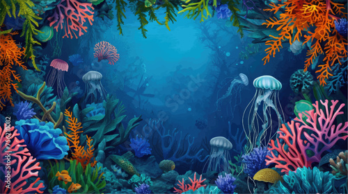 Underwater scene with coral reef, fish and seaweed. Vector watercolor illustration. © Alice