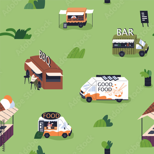 Street food trucks outdoor, seamless pattern design. Endless background, summ...
