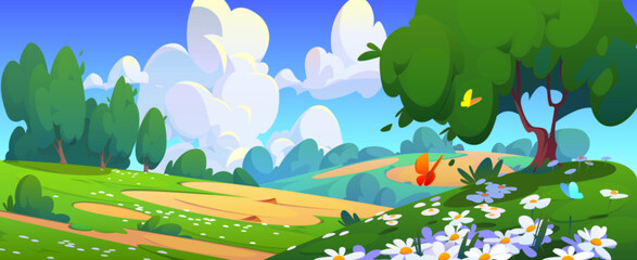 Fotobehang Groen Summer valley landscape with flowers. Vector cartoon illustration of beautiful spring sunny scenery, butterflies flying above green grass on hills, trees and bushes, fluffy white clouds in blue sky  © klyaksun