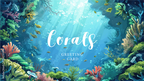 Underwater scene with coral reef, fish and seaweed. Vector watercolor illustration.