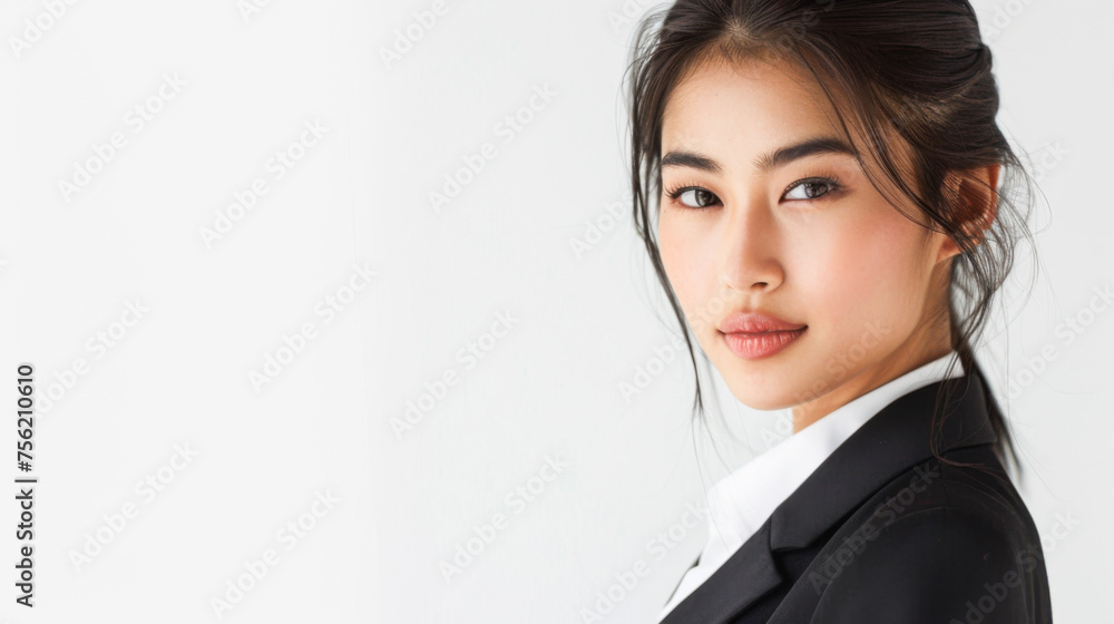 Beautiful studio portrait of young, stylish asian executive businesswoman wearing black blazer suit, looking at camera with confidence on white background Beautiful studio portrait of young, stylish asian executive businesswoman wearing black blazer suit, looking at camera with confidence on white background