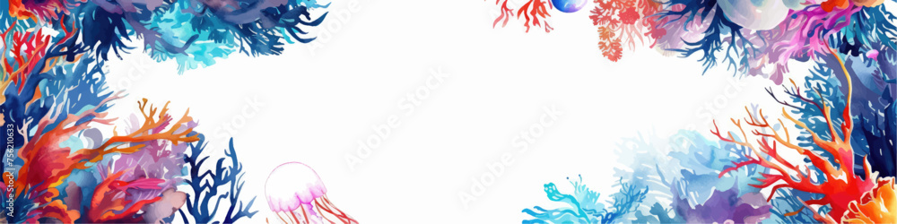 Underwater scene with coral reef, fish and seaweed. Vector watercolor illustration. Underwater scene with coral reef, fish and seaweed. Vector watercolor illustration.