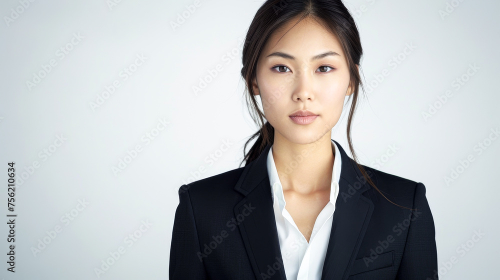 Beautiful studio portrait of young, stylish asian executive businesswoman wearing black blazer suit, looking at camera with confidence on white background Beautiful studio portrait of young, stylish asian executive businesswoman wearing black blazer suit, looking at camera with confidence on white background