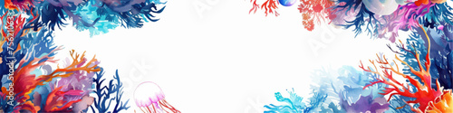 Underwater scene with coral reef, fish and seaweed. Vector watercolor illustration.
