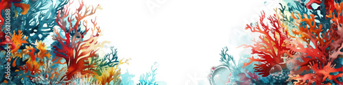 Underwater scene with coral reef, fish and seaweed. Vector watercolor illustration.