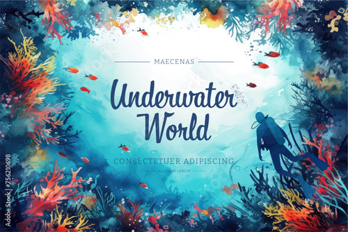 Underwater scene with coral reef, fish and seaweed. Vector watercolor illustration.