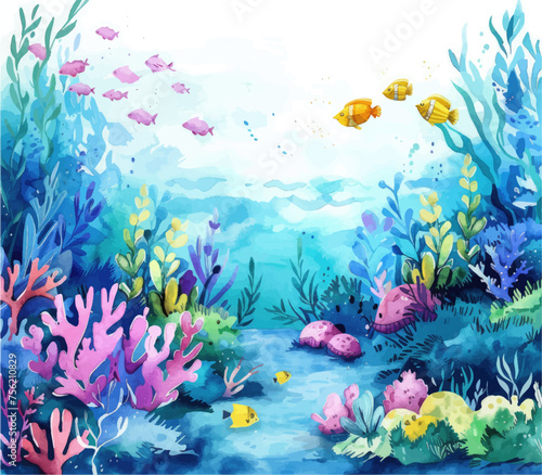 Fototapeta Naklejka Na Ścianę i Meble -  Underwater scene with coral reef, fish and seaweed. Vector watercolor illustration.