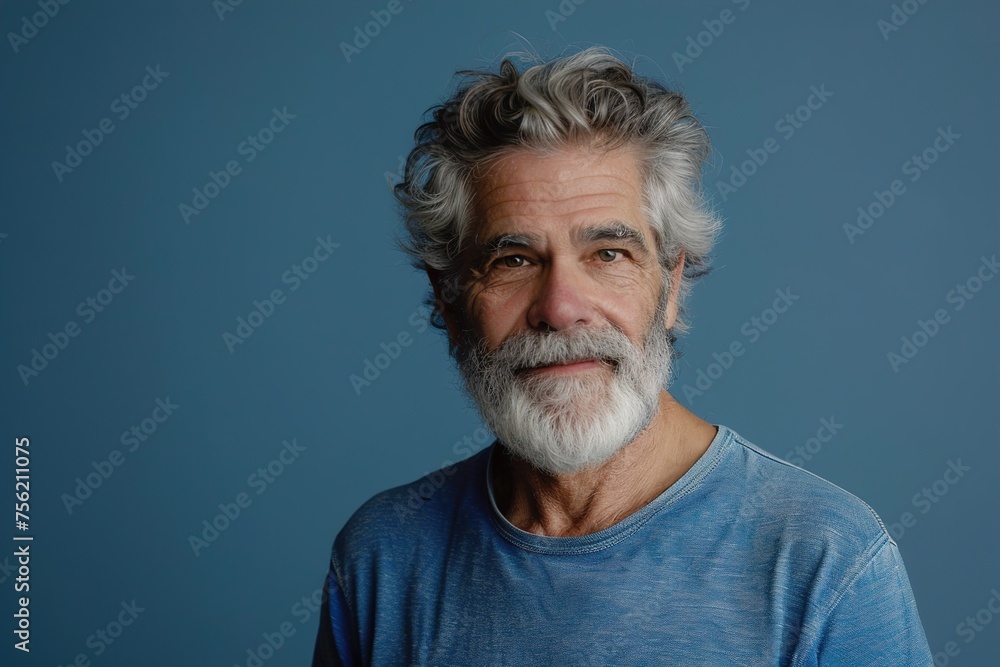 A man with a beard and gray hair is smiling at the camera A man with a beard and gray hair is smiling at the camera