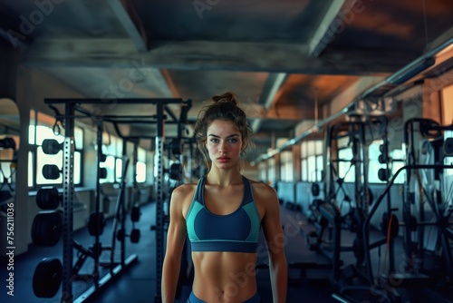 A woman stands in a gym with a blue top on