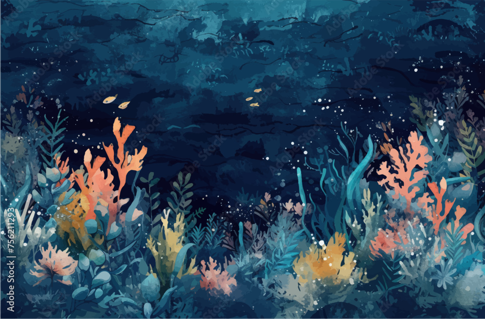 Underwater scene with coral reef, fish and seaweed. Vector watercolor illustration.