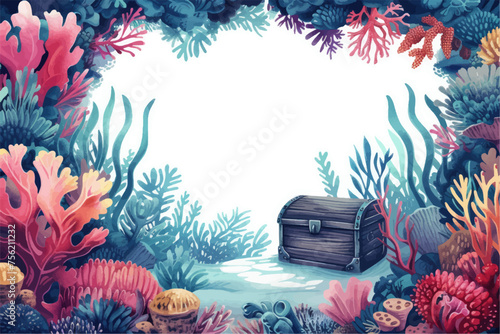 Underwater scene with coral reef, fish and seaweed. Vector watercolor illustration.