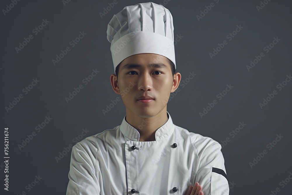 A chef is wearing a white hat and a white coat A chef is wearing a white hat and a white coat