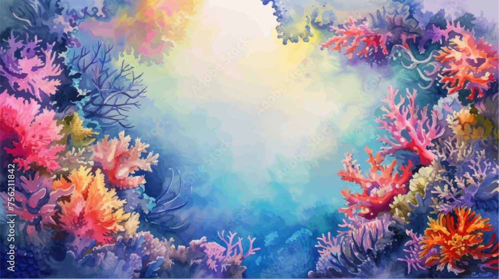 Underwater scene with coral reef, fish and seaweed. Vector watercolor illustration.