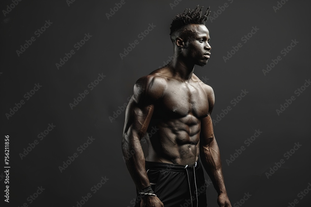 A man with a muscular body stands in front of a dark background