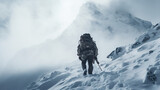 Fighter training in blizzard on mountain summit boldly