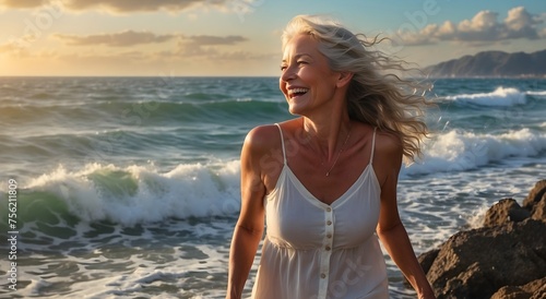 Laughing attractive mature senior woman looking away in the coast