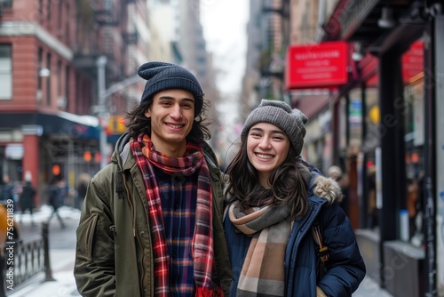 A young man and woman are smiling for the camera in a city street