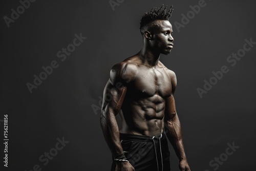 A man with a muscular body stands in front of a dark background © Juan Hernandez