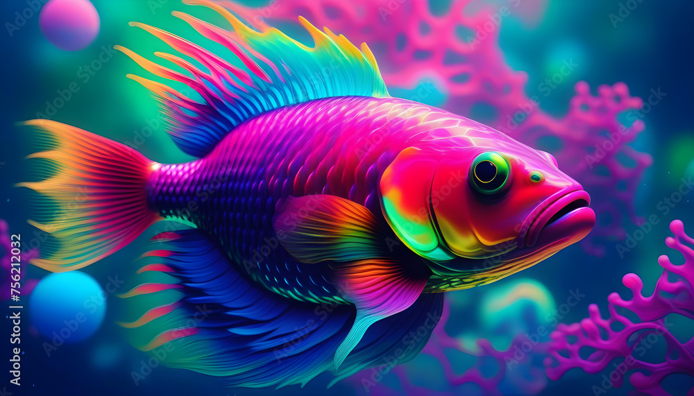 A digital artwork of a psychedelic fish-like creature with iridescent scales and vibrant colors.