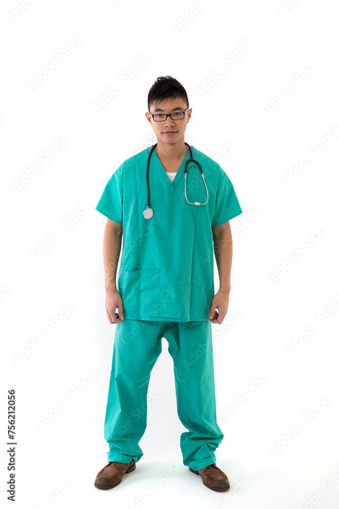 Asian doctor wearing a green scrubs. Isolated on white. Asian doctor wearing a green scrubs. Isolated on white.