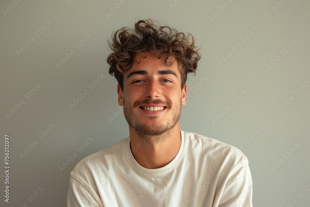 A man with curly hair is smiling and wearing a white shirt A man with curly hair is smiling and wearing a white shirt