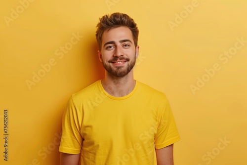 A man in a yellow shirt is smiling and looking at the camera