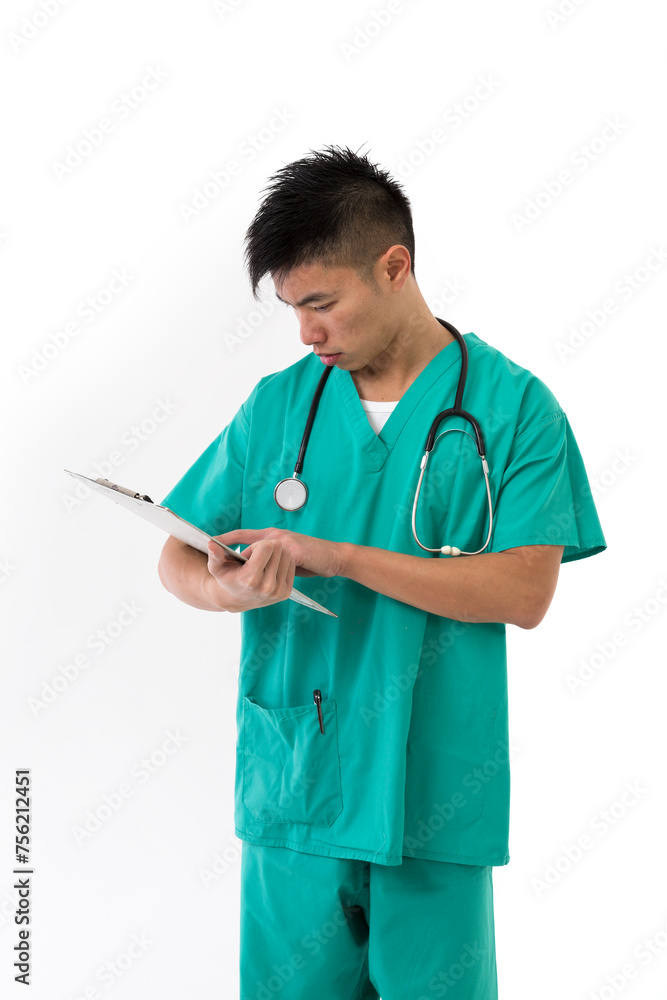 Asian doctor wearing a green scrubs. Isolated on white. Asian doctor wearing a green scrubs. Isolated on white.