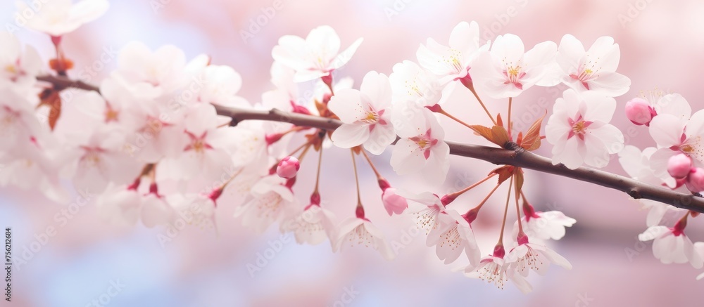 A closeup shot of a cherry blossom branch on a tree, showcasing delicate pink petals against a blue sky backdrop in a natural landscape A closeup shot of a cherry blossom branch on a tree, showcasing delicate pink petals against a blue sky backdrop in a natural landscape