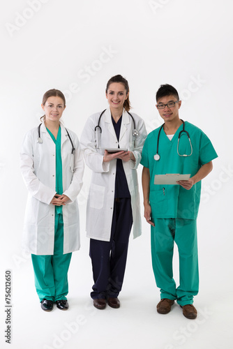 Portrait of three multi-ethnic doctor and nurses. photo