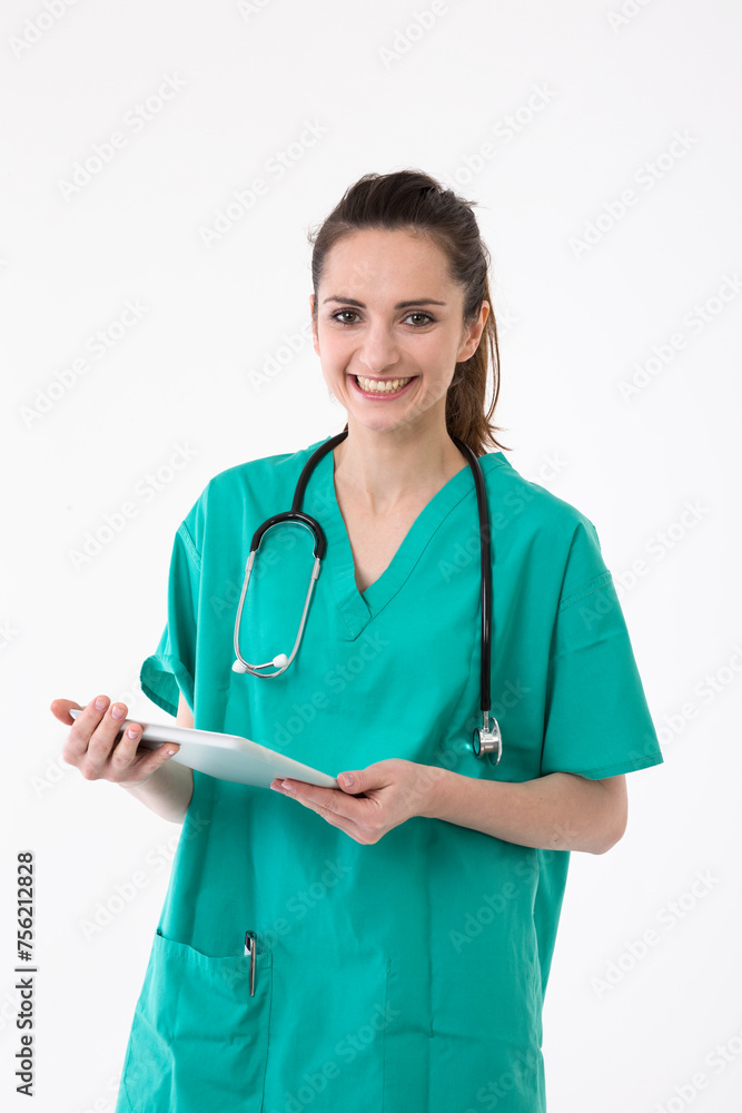 Portrait of healthcare worker wearing uniform and stethoscope. Portrait of healthcare worker wearing uniform and stethoscope.