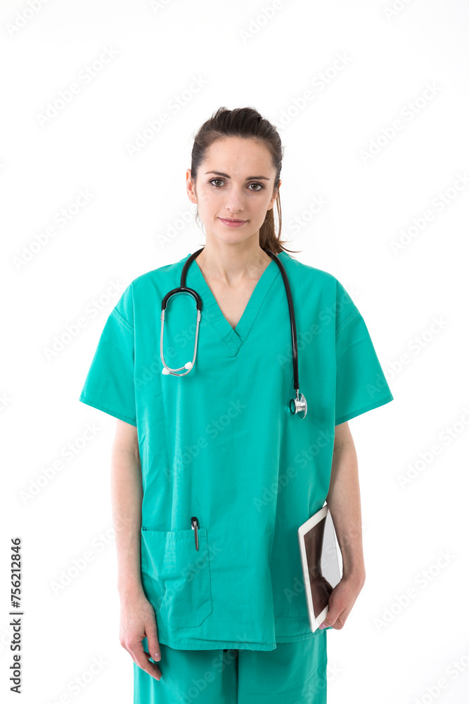 Portrait of healthcare worker wearing uniform and stethoscope.