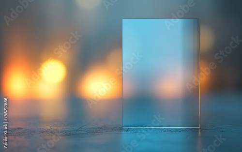 Displaying logo or text  isolated blue transparent glass panel background with blurry background with backlight