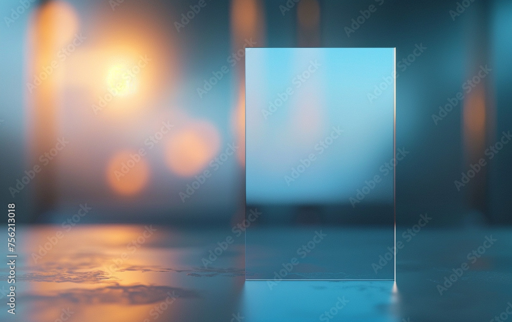 Displaying logo or text, isolated blue transparent glass panel background with blurry background with backlight