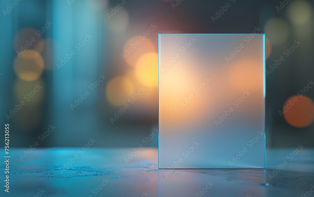 Displaying logo or text, isolated blue transparent glass panel background with blurry background with backlight - obrazy, fototapety, plakaty 