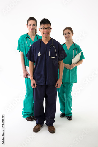 Portrait of three multi-ethnic doctor and nurses.