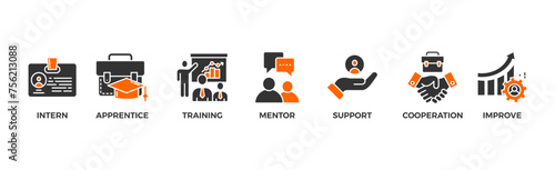 Trainee banner web icon vector illustration concept for internship training and learning program apprenticeship with an icon of intern, apprentice, training, mentor, support, cooperation and improve