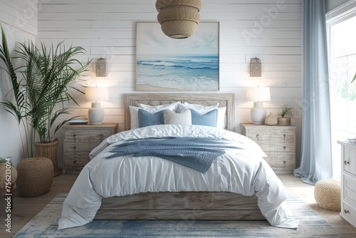 A coastal-style bedroom oasis, featuring crisp white linens, weathered wood furniture