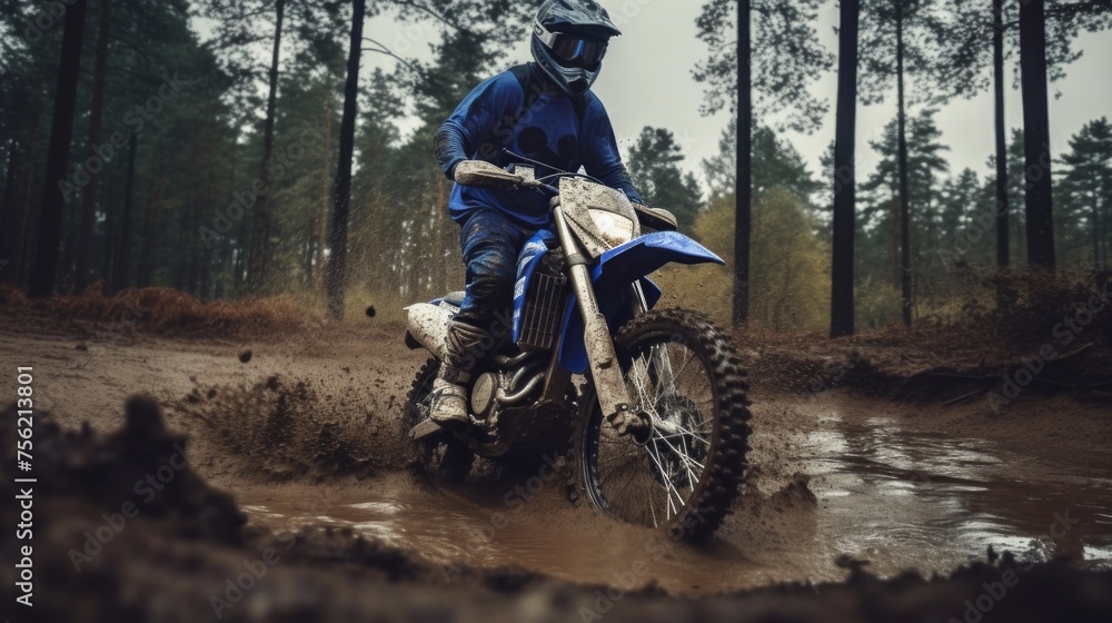 Motorcycle racer. Off-Road Race bike in action in the forest Motorcycle racer. Off-Road Race bike in action in the forest