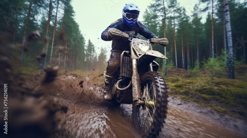 Motorcycle racer. Off-Road Race bike in action in the forest photo