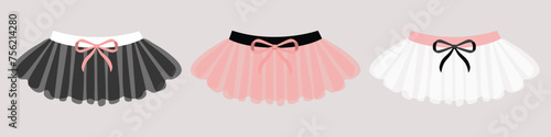 Pretty cute tutu ballet skirt,  clothes for ballerina. Pink, white, black tutu, flat illustrations. Little ballet dancer soft colors tutu with little bow,classical ballet skirts. Clothing set for girl