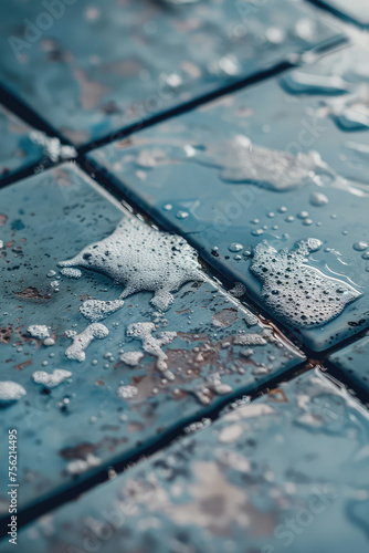Wet Ceramic tiles with Water Droplets and detergent liquid cleaner with foam. Effective cleaning of the tile surface.