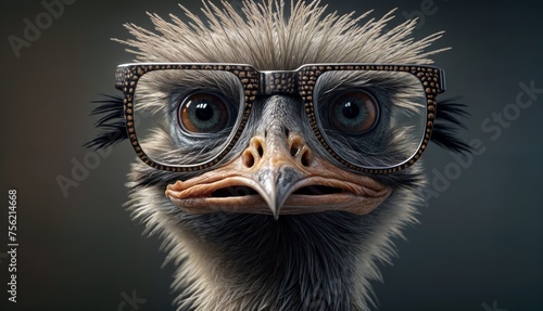 Portrait of an ostrich with glasses on a dark background.
