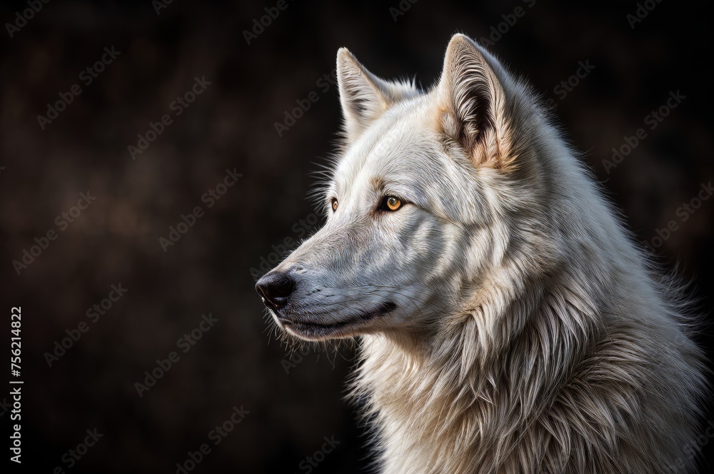 Portrait of a white wolf in profile on a dark background.
