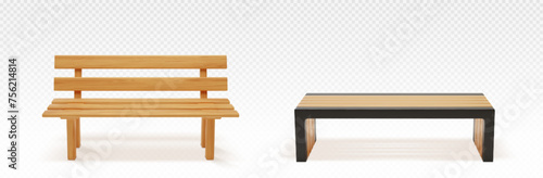 Wooden park or backyard bench front view. Realistic vector illustration set of long chair with light brown wood texture for public city garden. Street furniture made of deck plank. Outdoor seat.