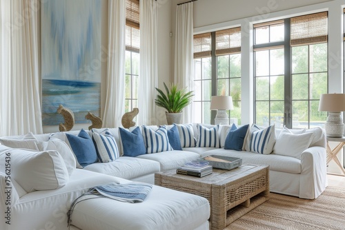 A coastal-style living room with a whitewashed palette © Boinah