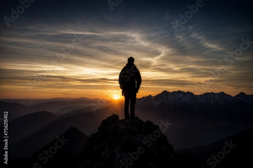 Silhouette of man standing on top of mountain and looking at sunset © engkiang